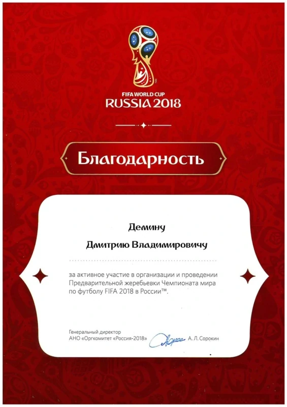 Благодарность FIFA world cup Russia 2018