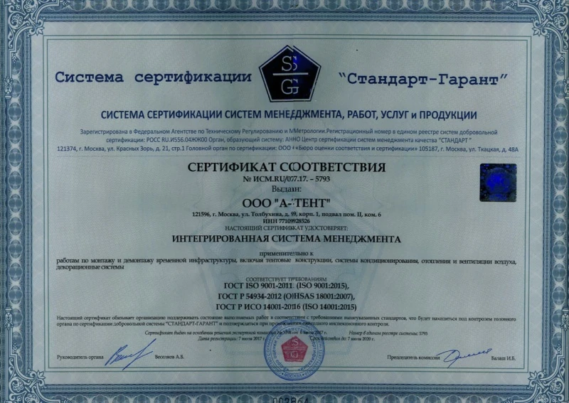 Сертификат соответствия А-Тент